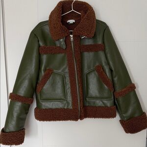 Topshop Olive Green and Brown Shearling Jacket